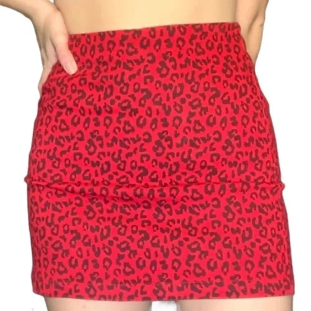Forever 21 red Leopard cheetah animal print mini denim jean skirt -S